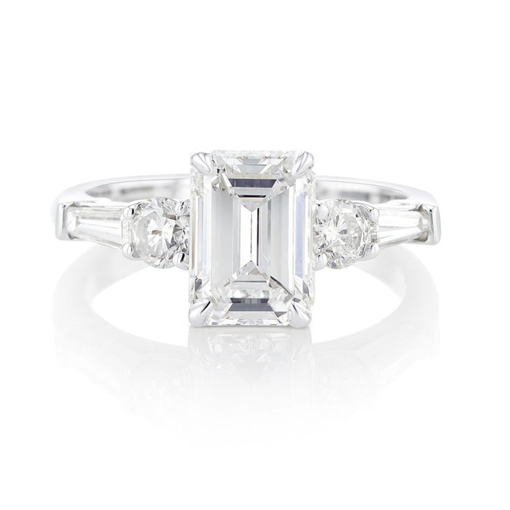 Custom Designed Engagement Ring with Emerald Cut Diamond Five Stone 14K White Gold Band
