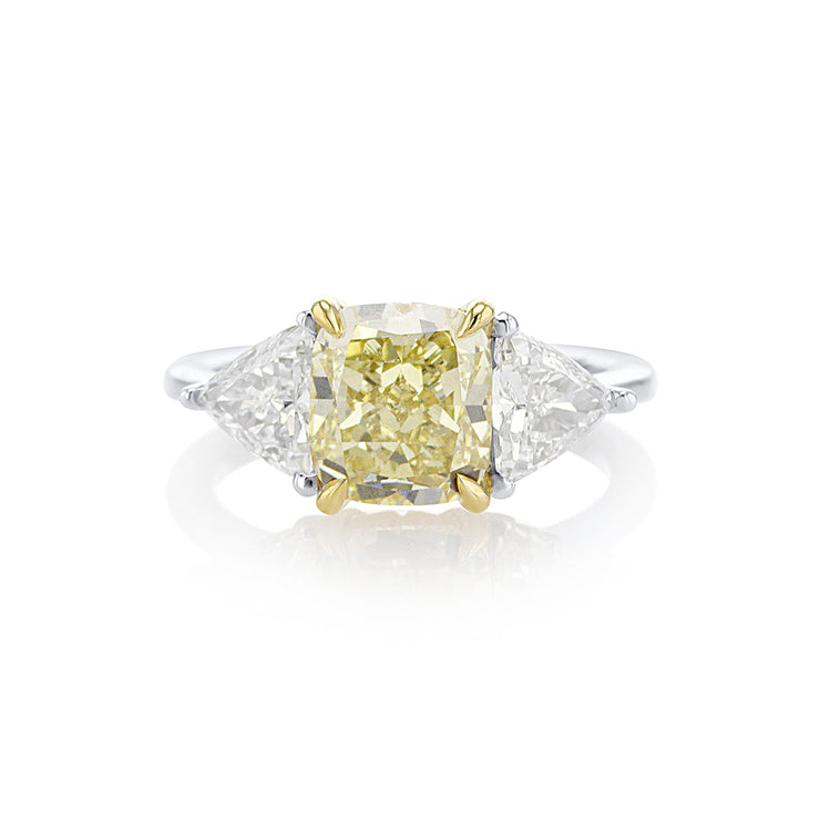 2.53 CT Fancy Yellow Cushion and 1.11 Cttw Trillion Diamond Three Stone 14K Two Tone Gold Ring