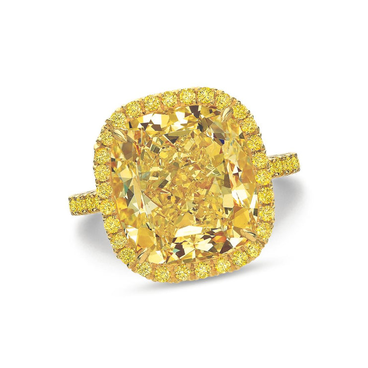 10.11 CT Cushion Intense Fancy Yellow Diamond Halo Prong Set 18K Yellow Gold Engagement Ring