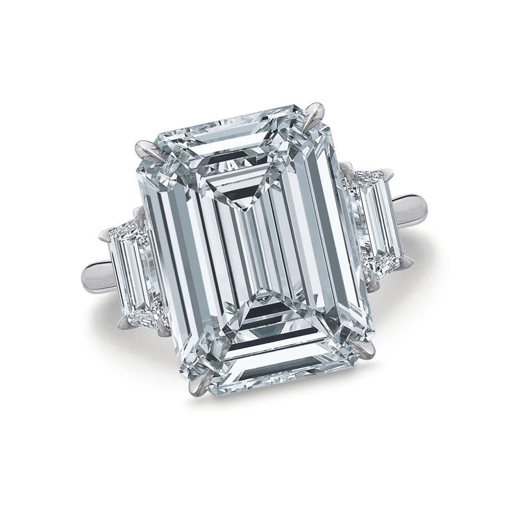 10.08 CT Emerald Cut and 0.90 CT Trapezoid Diamond Three Stone Platinum Engagement Ring