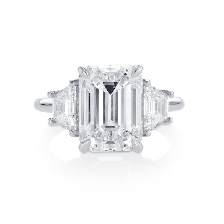 5.08 CT Emerald Cut Diamond and 1.32 CT Trapezoid Three Stone Platinum Engagement Ring