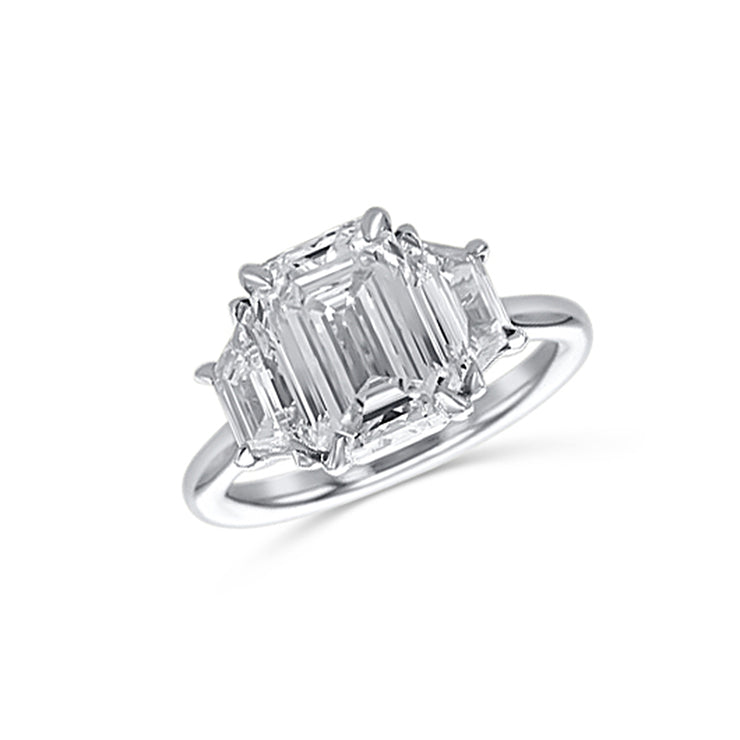 3.02 CT Emerald Cut and 0.85 Cttw Trapezoid Cut Diamond Three Stone Platinum Engagement Ring