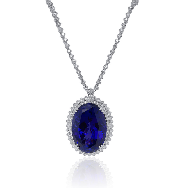 55.42 CT Oval Tanzanite and 9.91 Cttw Round Diamond Double Halo 18K White Gold Necklace