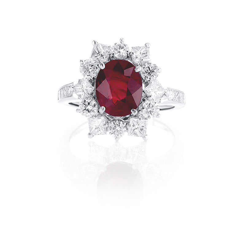 3.35 CT Oval Ruby and 1.00 Cttw Mixed Cut Diamond 18K White Gold Ring