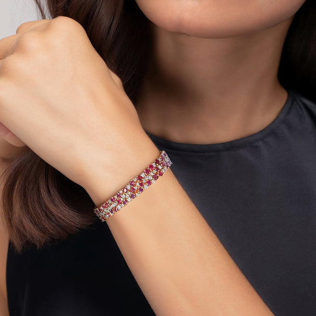 10.33 Carats Natural Diamonds and Ruby Handcrafted Wide Bracelet - The Diamond Factory