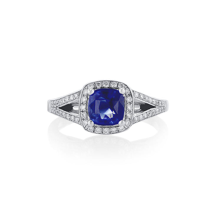 1.19 CT Cushion Cut Blue Sapphire and 0.60 Cttw Diamond Halo and Split Shank 14K White Gold Ring - The Diamond Factory