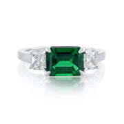 1.48 Carat Green Lab Grown Emerald & Natural Diamond 3 Stone Ring in 14K White Gold - The Diamond Factory