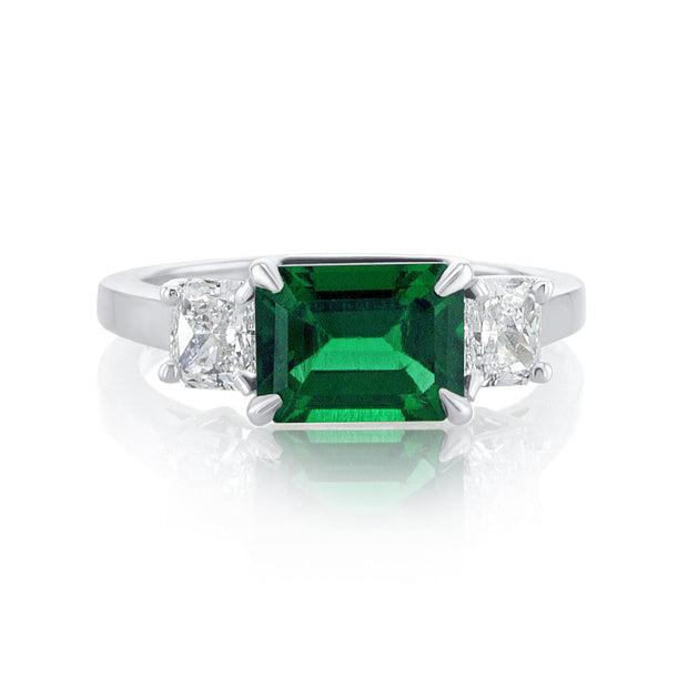 1.48 Carat Green Lab Grown Emerald & Natural Diamond 3 Stone Ring in 14K White Gold - The Diamond Factory