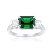 1.48 Carat Green Lab Grown Emerald & Natural Diamond 3 Stone Ring in 14K White Gold - The Diamond Factory