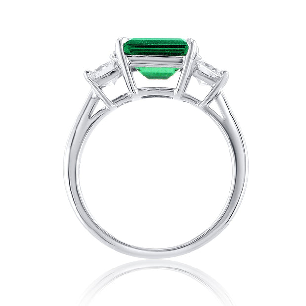 1.48 Carat Green Lab Grown Emerald & Natural Diamond 3 Stone Ring in 14K White Gold - The Diamond Factory