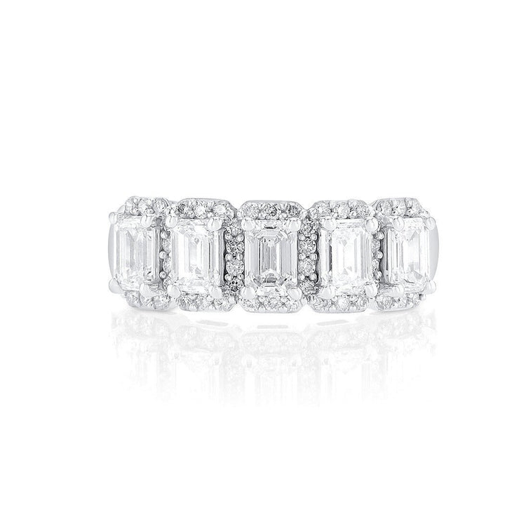 1.50 Carats Natural Emerald Cut Diamond Halo Five Stone Band - The Diamond Factory