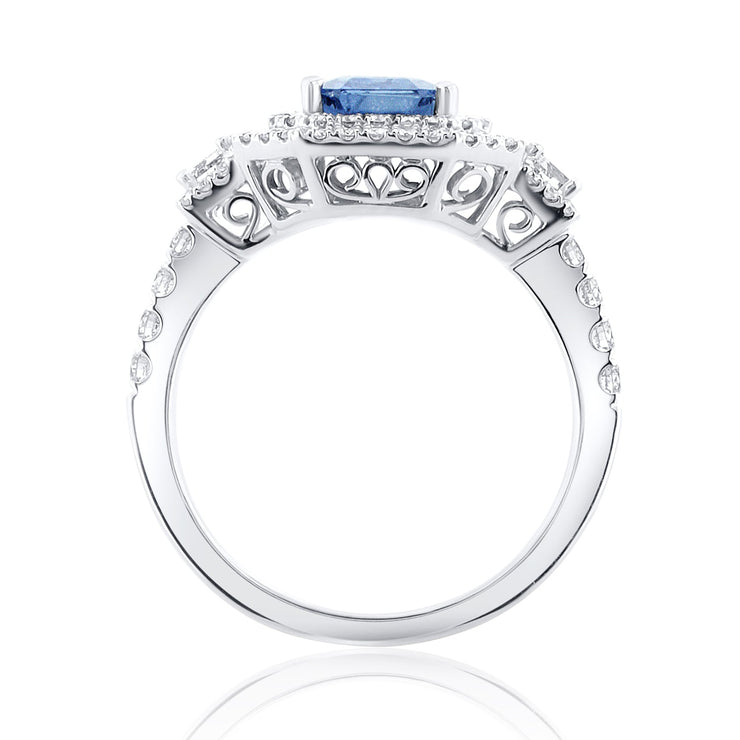 1.70 Carat Emerald Cut Natural Sapphire & Diamond Ring in 18K White Gold - The Diamond Factory