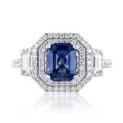 1.70 Carat Emerald Cut Natural Sapphire & Diamond Ring in 18K White Gold - The Diamond Factory