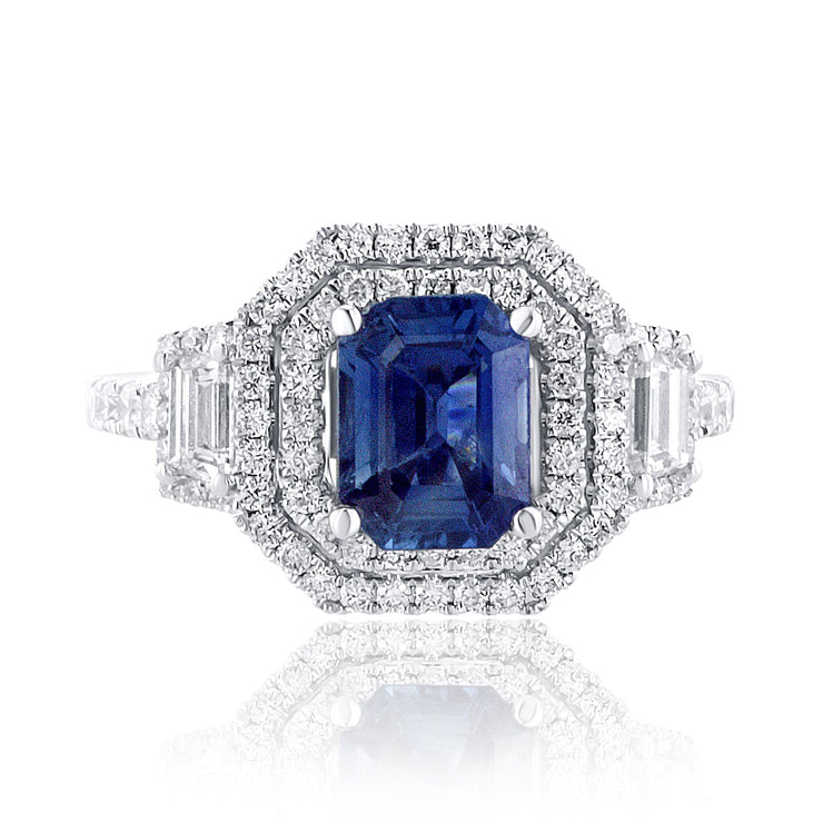 1.70 Carat Emerald Cut Natural Sapphire & Diamond Ring in 18K White Gold - The Diamond Factory