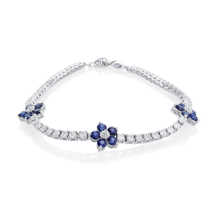 2.00 Carat Sapphire and 2.50 Carat Round Diamond Floral Bracelet set in 18K White Gold - The Diamond Factory