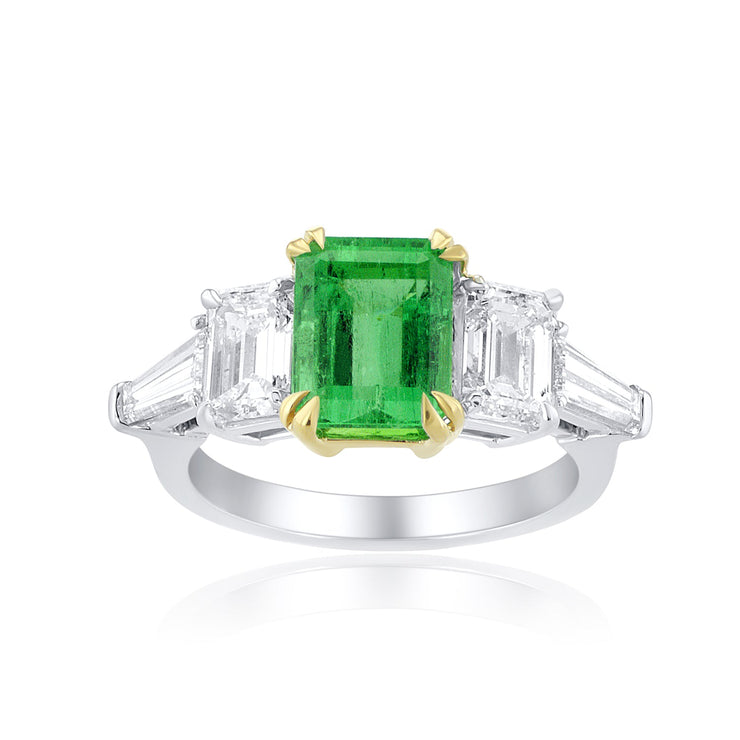2.35 Carat Natural Diamond & Colombian Emerald 5 Stone Ring in 18K Platinum & Yellow Gold - The Diamond Factory