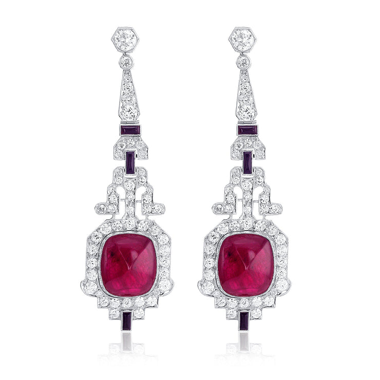 23.5 Carat Round Natural Diamond and Ruby Dangle Earrings in Platinum - The Diamond Factory