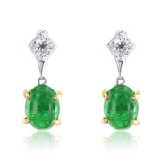 2.40 Carat Emerald And 0.30 Carat Round Natural Dangle Earrings in 14K White And Yellow Gold - The Diamond Factory