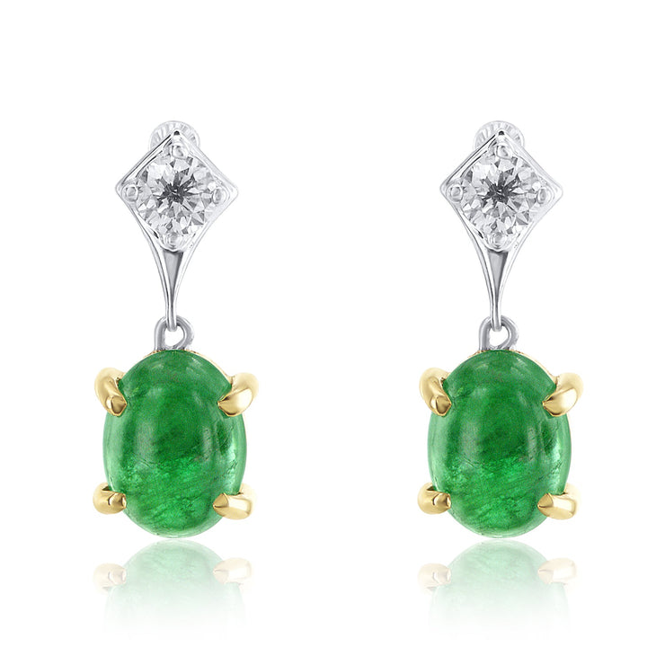 2.40 Carat Emerald And 0.30 Carat Round Natural Dangle Earrings in 14K White And Yellow Gold - The Diamond Factory