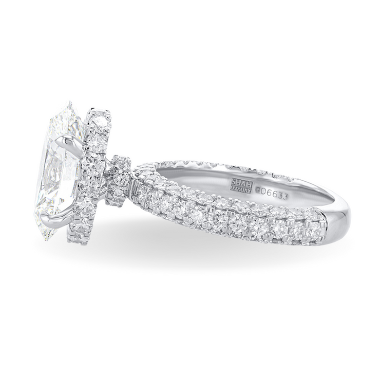 Custom Designed Engagement Ring with Oval Cut Diamond with a Double Hidden Halo in a Pavé Platinum Band