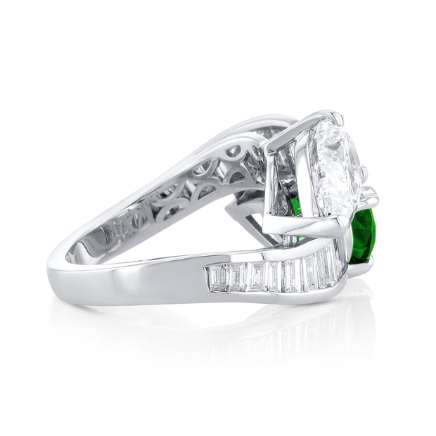 3.01 Carat Pear Emerald & 3.70 Carat Pear Diamond Lab Grown Ring in 14 K White Gold - The Diamond Factory