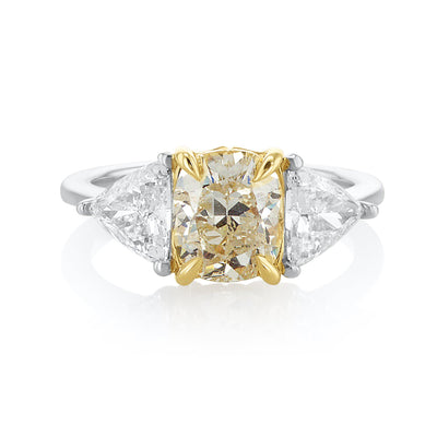 3.12 Carats Fancy Yellow Cushion Natural Diamond Three Stone Engagement Ring