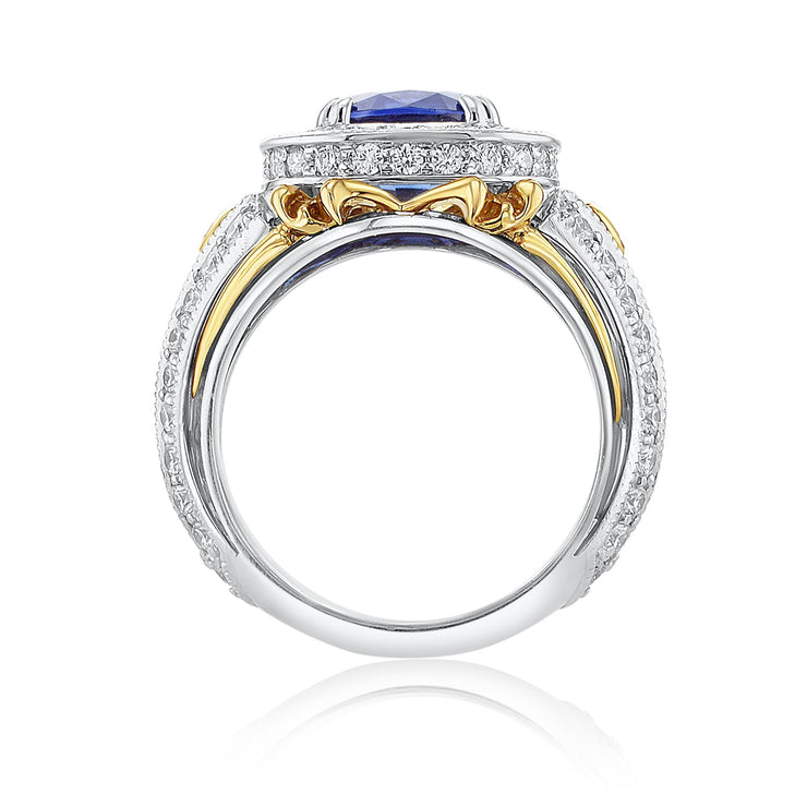 3.65 Carat Heated Blue Sapphire and Diamond Halo Fashion Ring - The Diamond Factory