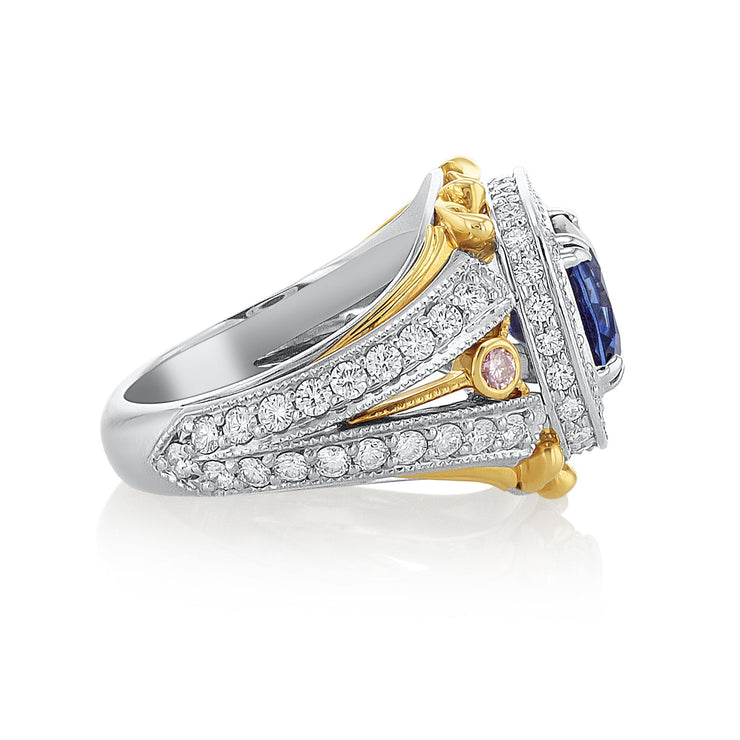 3.65 Carat Heated Blue Sapphire and Diamond Halo Fashion Ring - The Diamond Factory