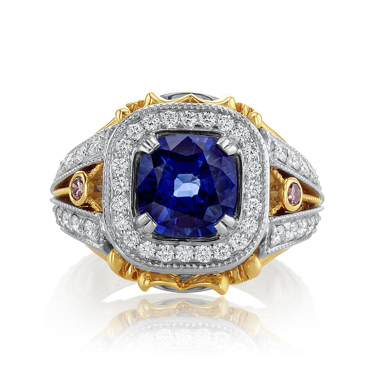 3.65 Carat Heated Blue Sapphire and Diamond Halo Fashion Ring - The Diamond Factory