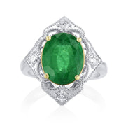 3.79 Carat Natural Emerald & Diamond Halo Ring in 18K White & Yellow Gold - The Diamond Factory