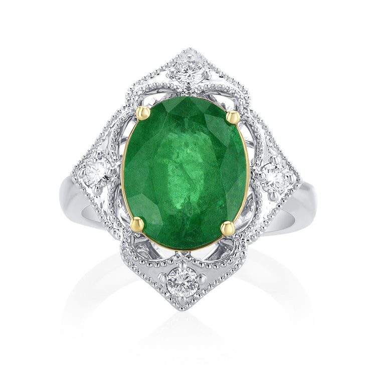 3.79 Carat Natural Emerald & Diamond Halo Ring in 18K White & Yellow Gold - The Diamond Factory