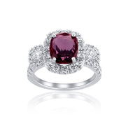 3.86 Carats Natural Diamond and Ruby Three Stone Halo Ring - The Diamond Factory