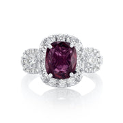 3.86 Carats Natural Diamond and Ruby Three Stone Halo Ring - The Diamond Factory