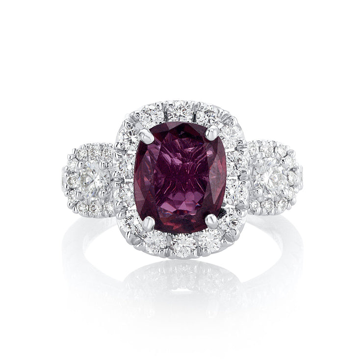 3.86 Carats Natural Diamond and Ruby Three Stone Halo Ring - The Diamond Factory
