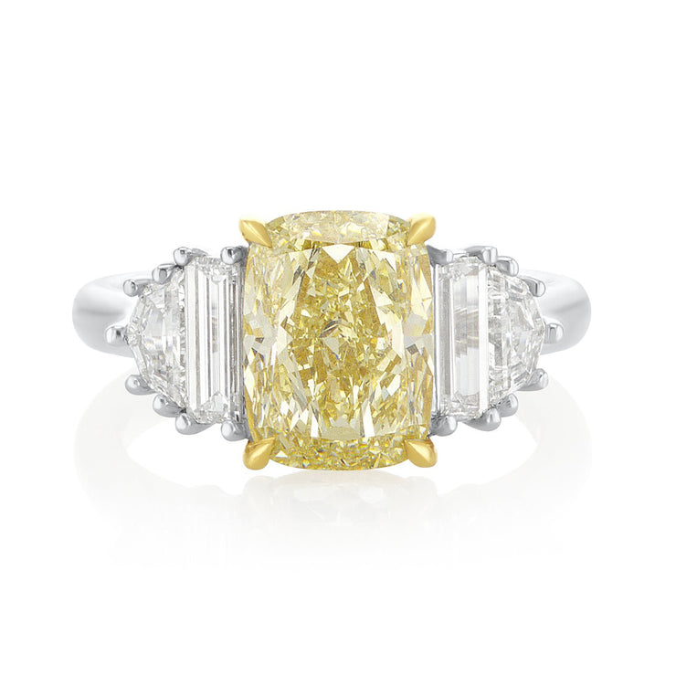 3.99 Carats Fancy Light Yellow Cushion Natural Diamond Ring - The Diamond Factory