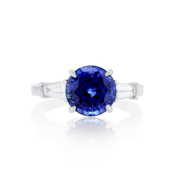 4.47 Carats Natural Diamond and Lab Grown Blue Sapphire Three Stone Engagement Ring - The Diamond Factory