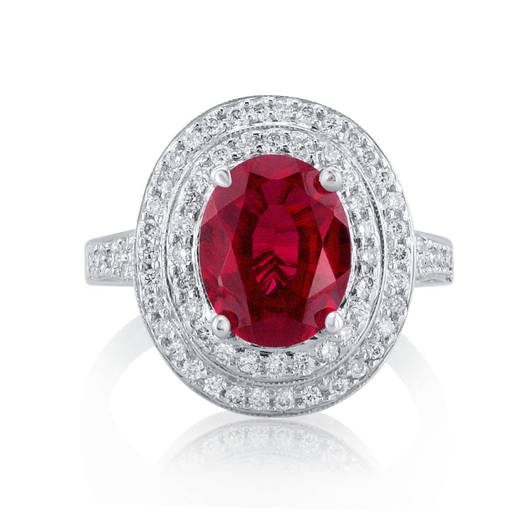 4.55 Carats Lab Grown Ruby & Natural Diamond Double Halo Ring - The Diamond Factory