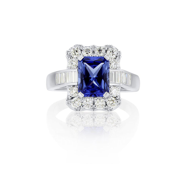4.74 Carats Natural Diamond and Lab Grown Blue Sapphire Halo Engagement Ring - The Diamond Factory