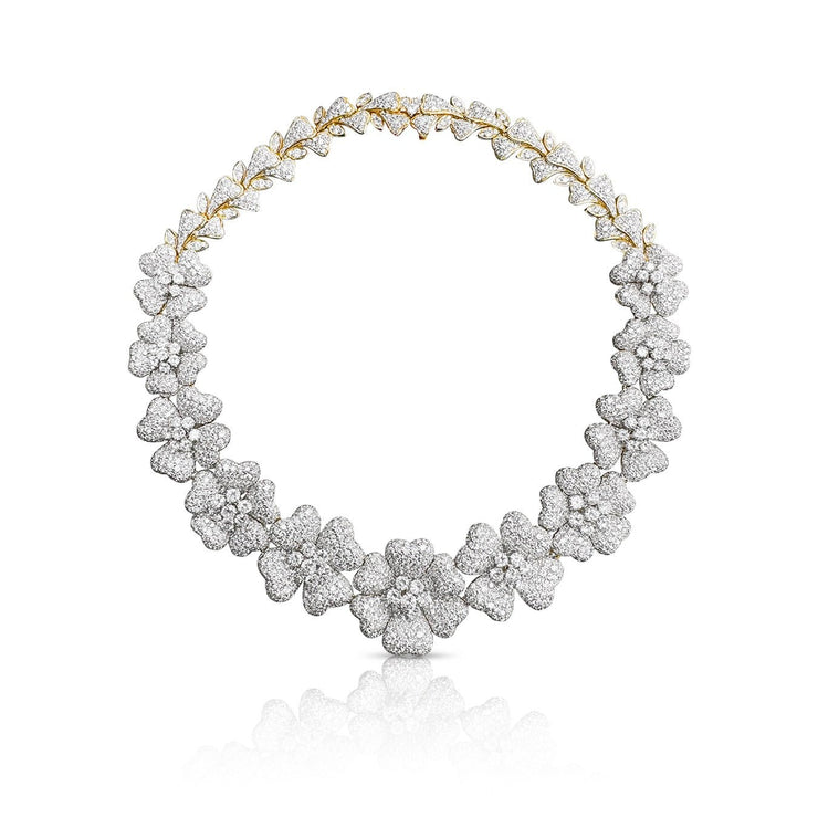 52.77 Cttw Diamond Flower Necklace and 9.23 Cttw Dangle Earring 18K Two Tone Gold Estate Set - The Diamond Factory