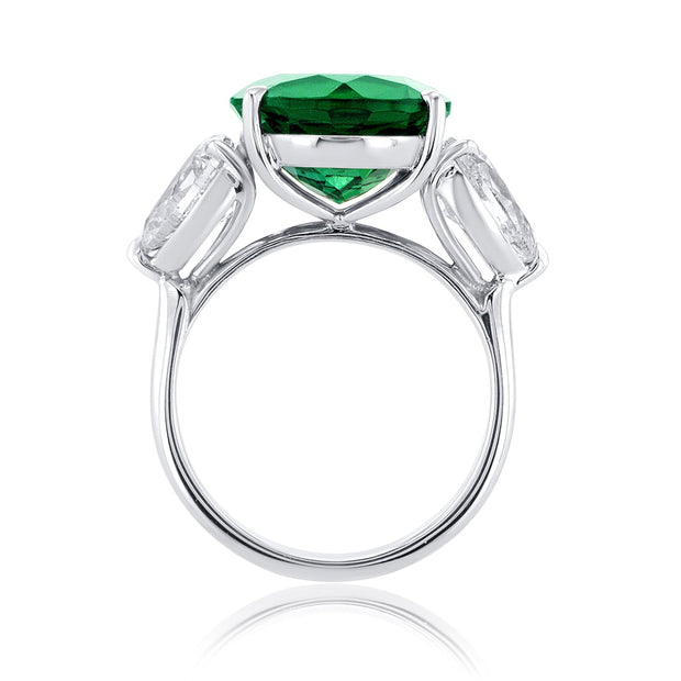 5.41 Carat Lab Created Green Emerald and Diamond 3 Stone Ring in Platinum - The Diamond Factory