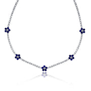 6.00 Cttw Round Diamond and Sapphire Flower Tennis Necklace set in 18K White Gold - The Diamond Factory