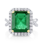 6.60 Carat Natural Emerald & Diamond Halo Ring in 18K White & Yellow Gold - The Diamond Factory