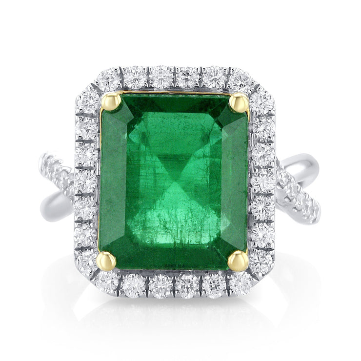 6.60 Carat Natural Emerald & Diamond Halo Ring in 18K White & Yellow Gold - The Diamond Factory
