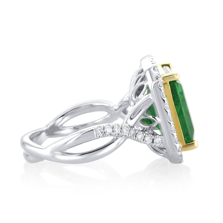 6.60 Carat Natural Emerald & Diamond Halo Ring in 18K White & Yellow Gold - The Diamond Factory