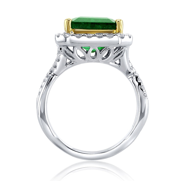 6.60 Carat Natural Emerald & Diamond Halo Ring in 18K White & Yellow Gold - The Diamond Factory