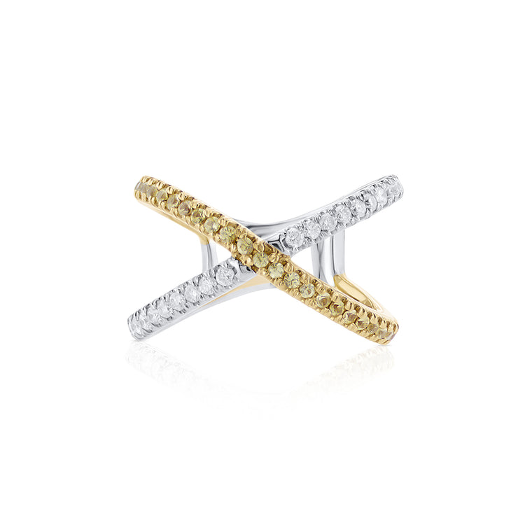 0.50 Cttw Round Cut Yellow Sapphire and Diamond 14K Two Tone Gold "X" Crossover Band