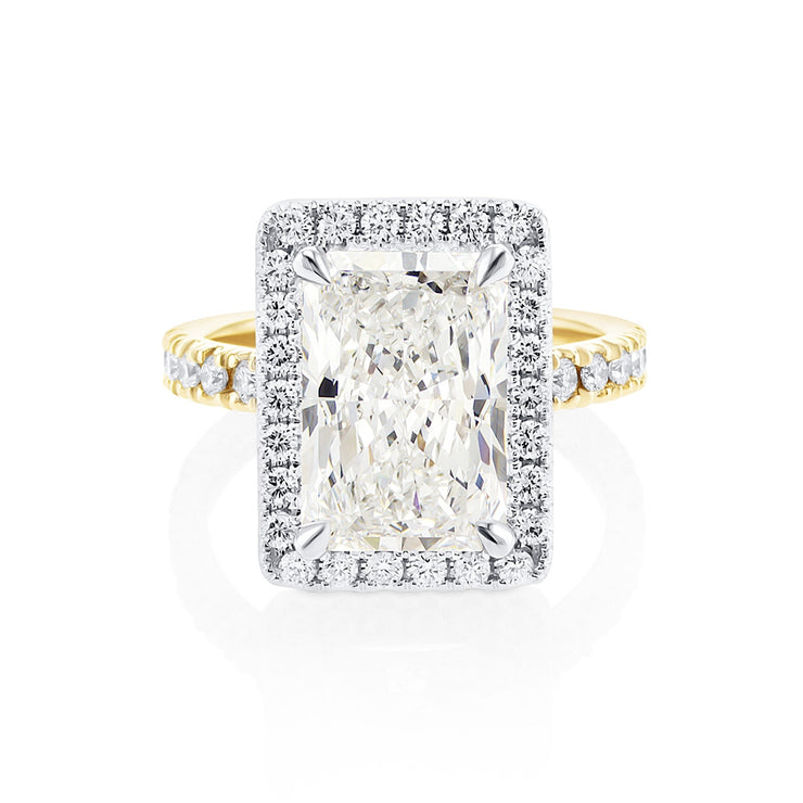 Custom Designed Engagement Ring with Radiant Cut Diamond Halo in 18K Two Tone Prong Set Band
