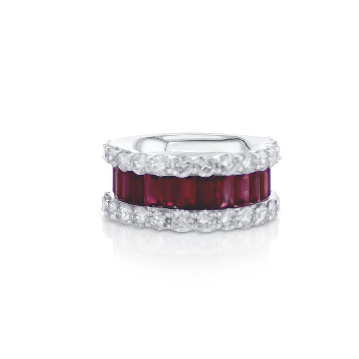 4.23 Cttw Emerald Cut Ruby and 3.49 Cttw Diamond 14K White Gold Band