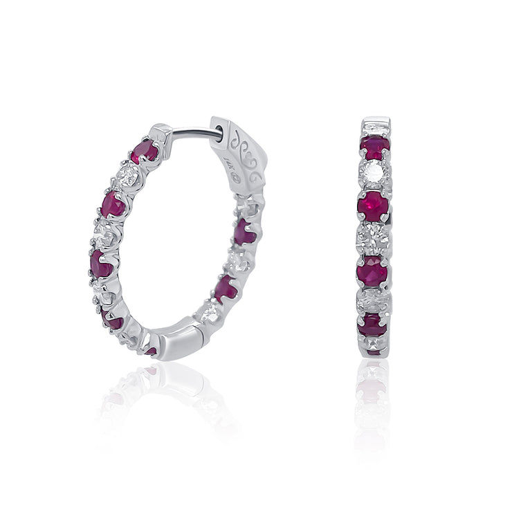 1.41 Cttw Round Ruby and 1.18 Cttw Diamond 14K White Gold In-n-Out Hoop Earrings