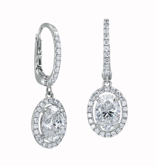 1.63 CT Oval Diamond Halo Drop 18K White Gold Earrings